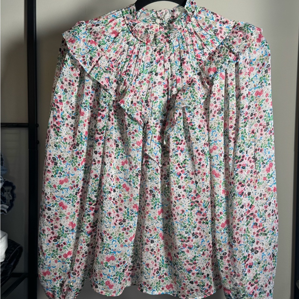 Boden Floral Ruffle Blouse in Pink and Blue